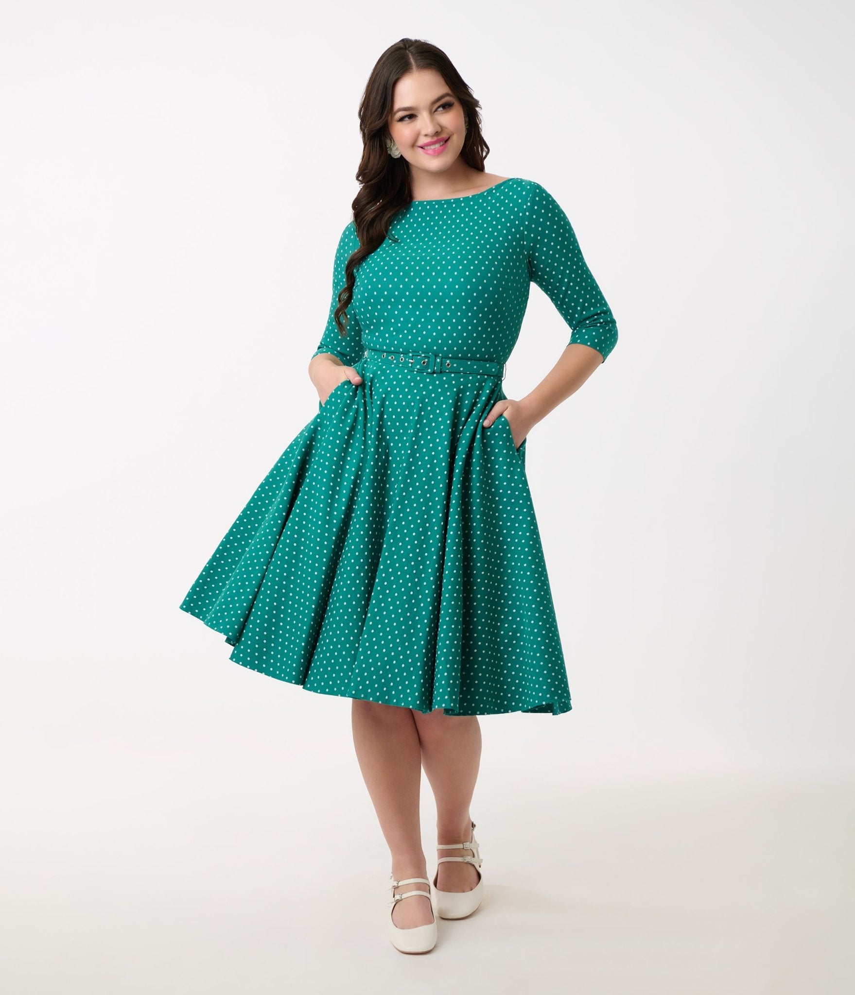 Unique Vintage Teal & White Pin Dot Devon Swing Dress - Unique Vintage - Womens, DRESSES, SWING