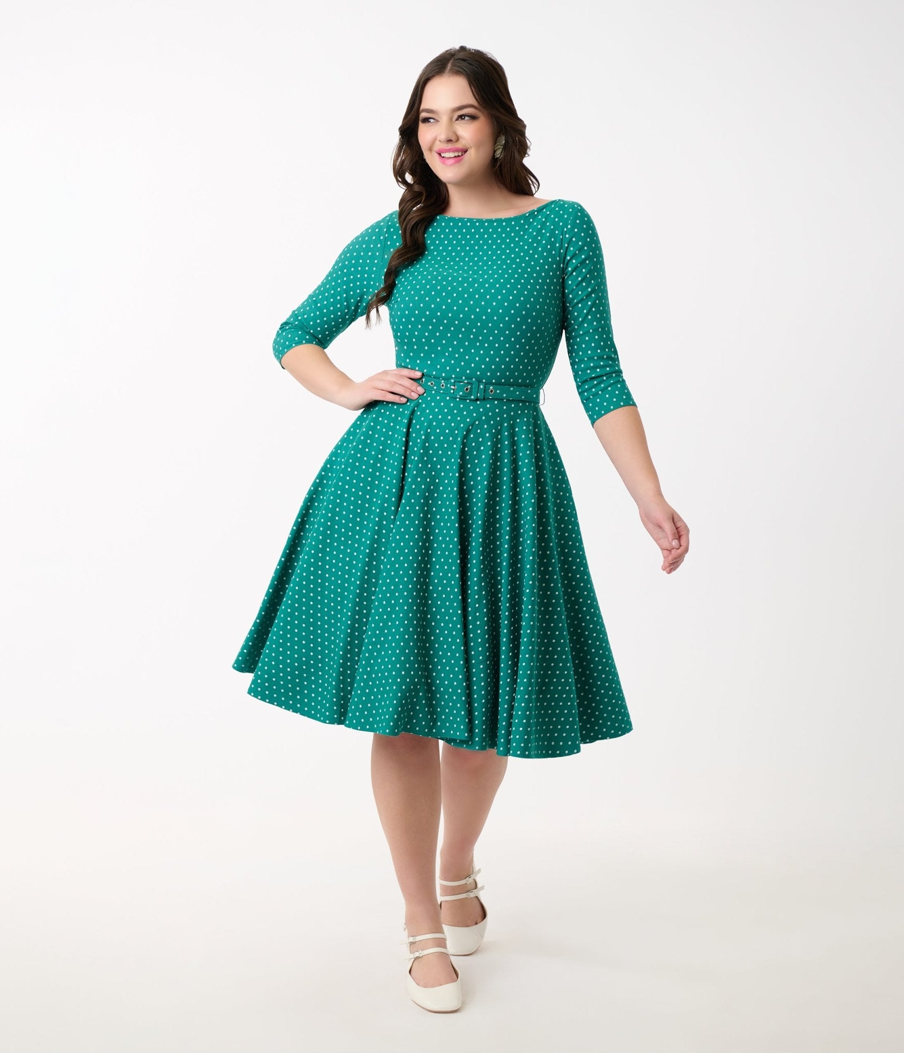 Unique Vintage Teal & White Pin Dot Devon Swing Dress - Unique Vintage - Womens, DRESSES, SWING