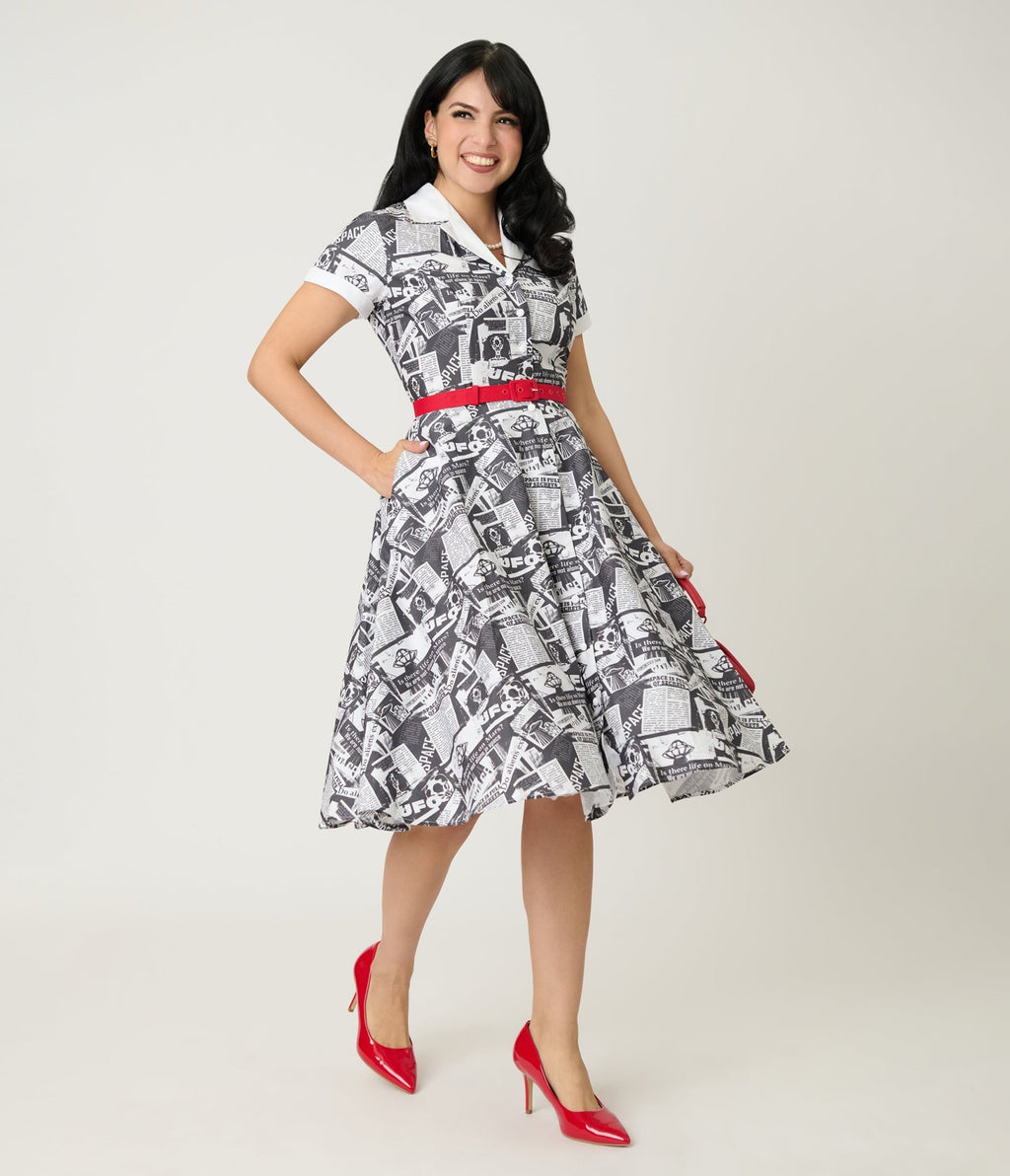 Unique Vintage UFO Sighting Newspaper Print Alexis Swing Dress - Unique Vintage - Womens, DRESSES, SWING