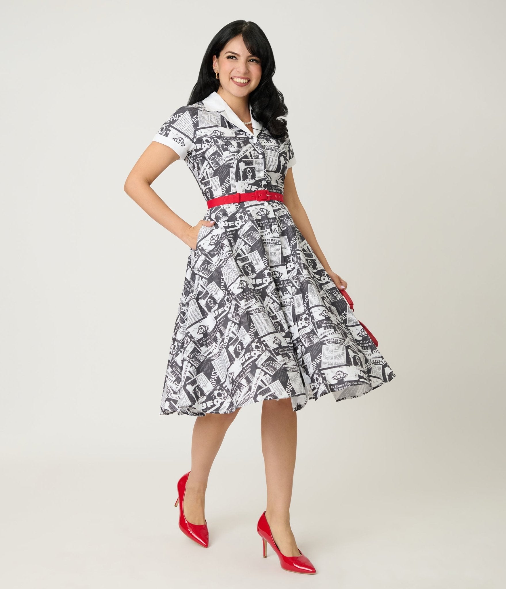 Unique Vintage UFO Sighting Newspaper Print Alexis Swing Dress - Unique Vintage - Womens, DRESSES, SWING