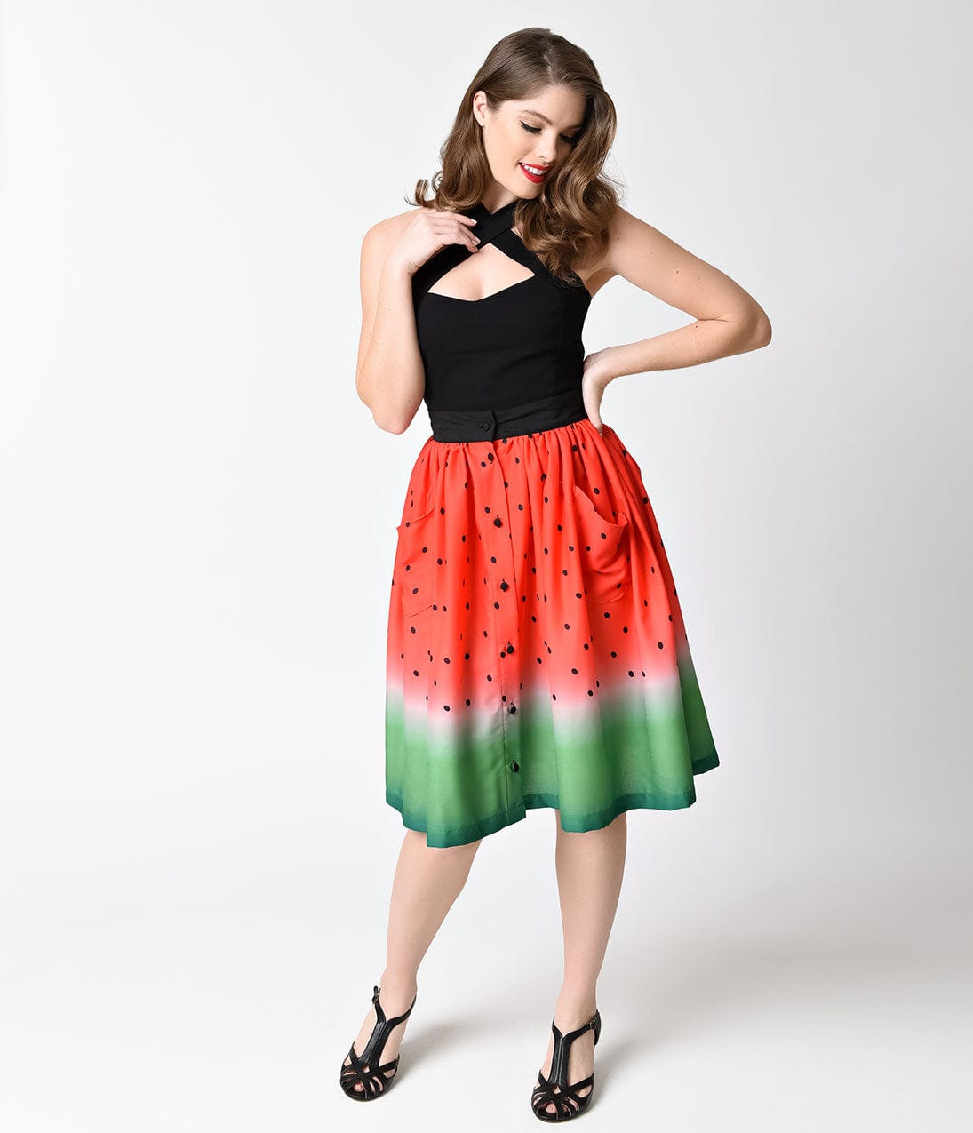 Unique Vintage Watermelon Ombre Button Up Elora Swing Skirt - Unique Vintage - Womens, BOTTOMS, SKIRTS