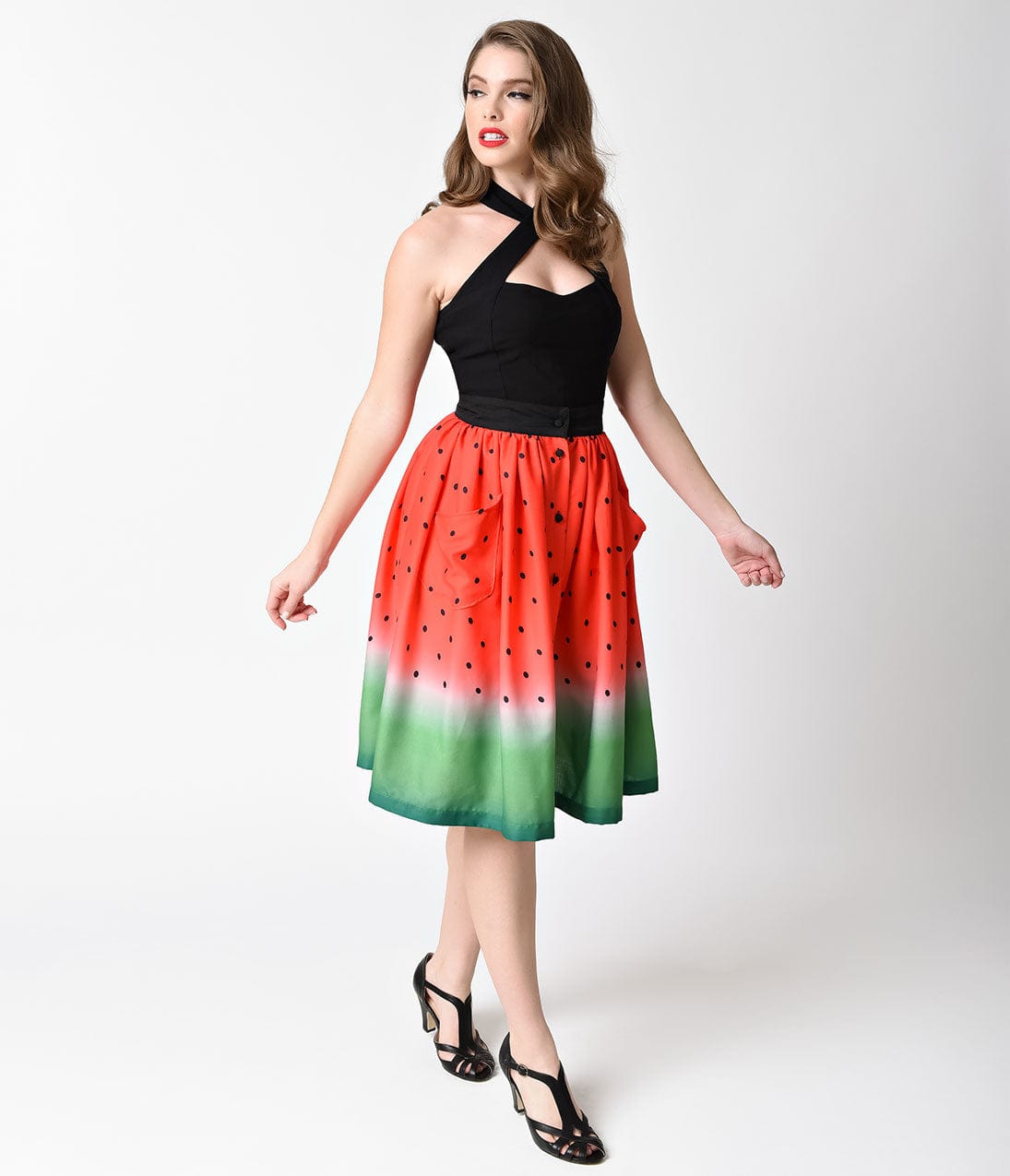 Unique Vintage Watermelon Ombre Button Up Elora Swing Skirt - Unique Vintage - Womens, BOTTOMS, SKIRTS