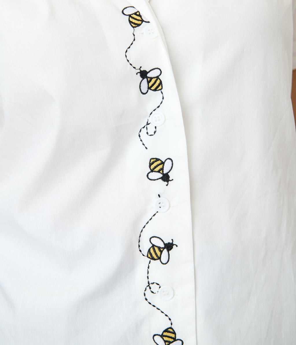 Unique Vintage White & Bee Embroidered Notch Collar Blouse - Unique Vintage - Womens, TOPS, WOVEN TOPS