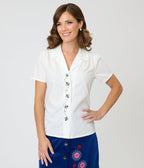 Unique Vintage White & Bee Embroidered Notch Collar Blouse - Unique Vintage - Womens, TOPS, WOVEN TOPS