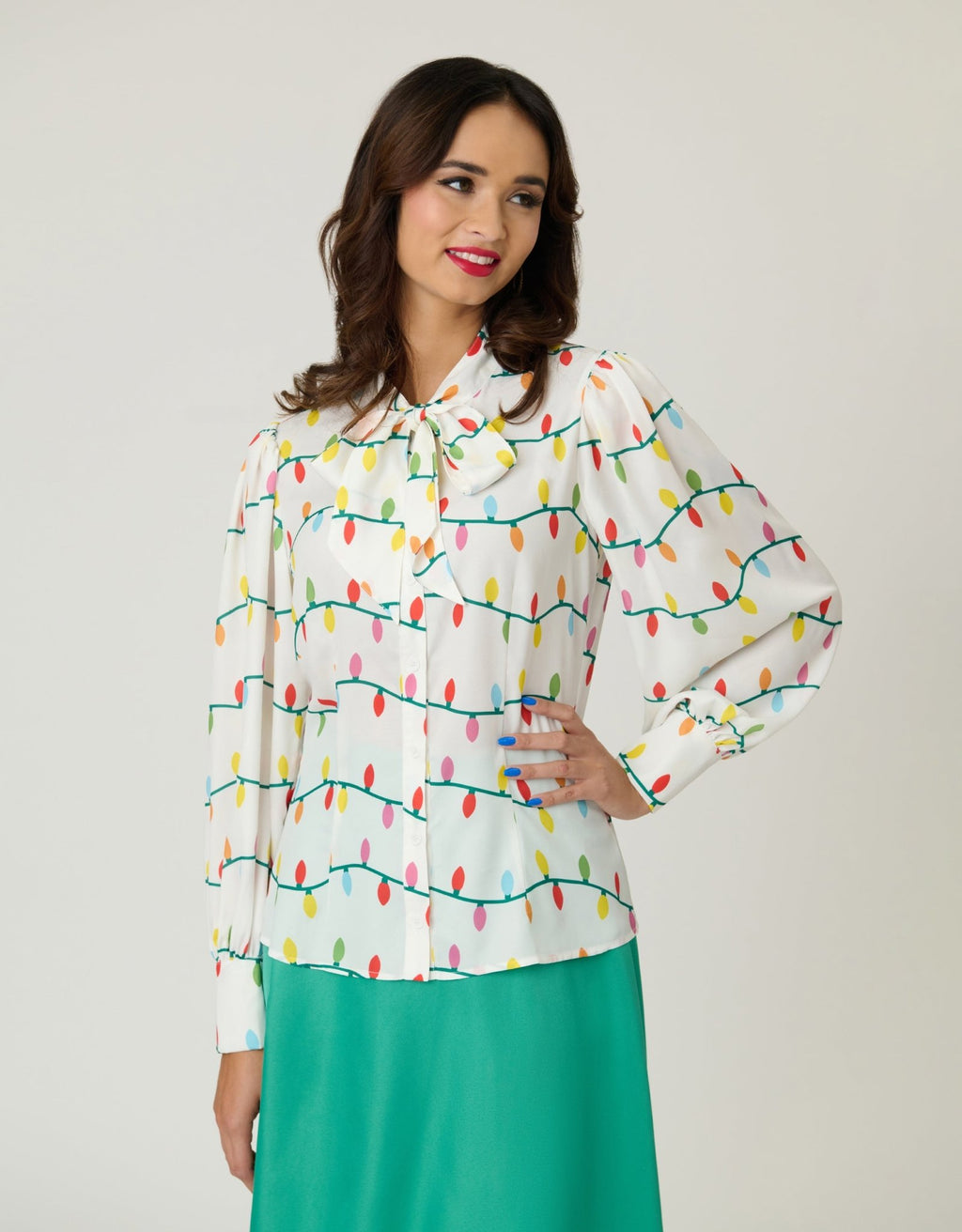 Unique Vintage White Christmas Lights Long Sleeve Gwen Blouse - Unique Vintage - Womens, TOPS, WOVEN TOPS