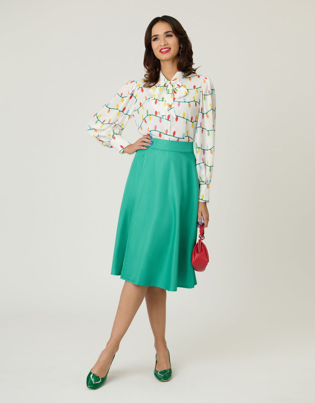 Unique Vintage White Christmas Lights Long Sleeve Gwen Blouse - Unique Vintage - Womens, TOPS, WOVEN TOPS