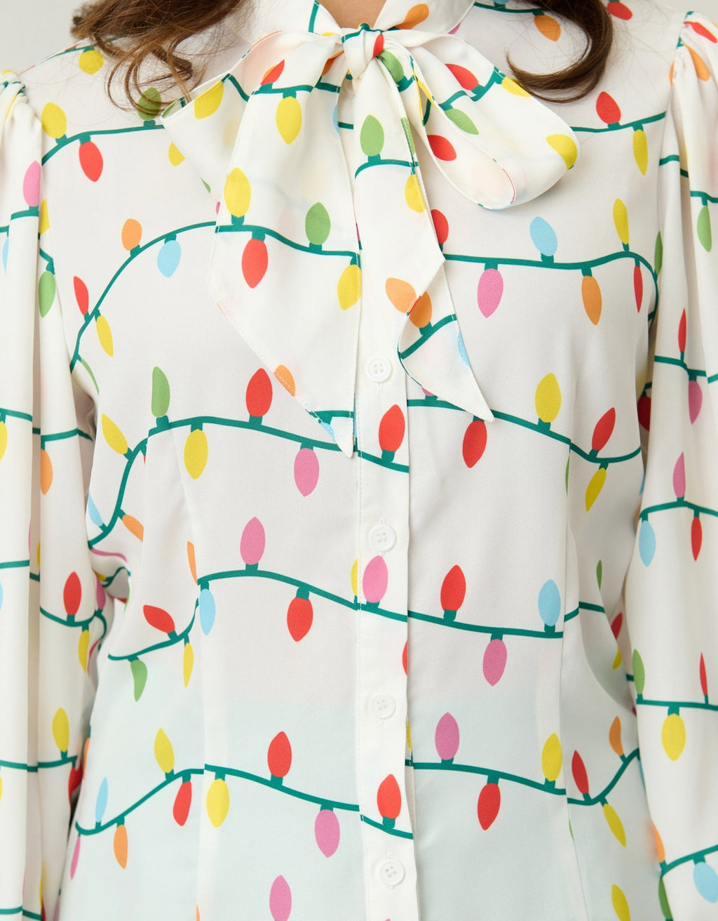 Unique Vintage White Christmas Lights Long Sleeve Gwen Blouse - Unique Vintage - Womens, TOPS, WOVEN TOPS