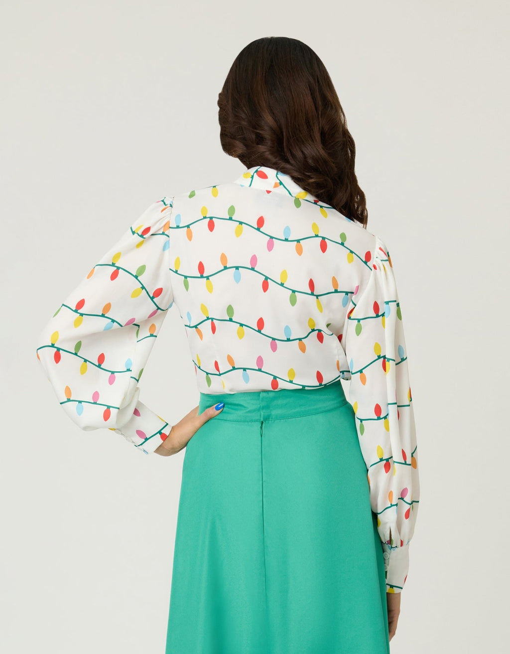 Unique Vintage White Christmas Lights Long Sleeve Gwen Blouse - Unique Vintage - Womens, TOPS, WOVEN TOPS