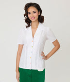 Unique Vintage White & Flower Buttons Cotton Blouse - Unique Vintage - Womens, TOPS, WOVEN TOPS