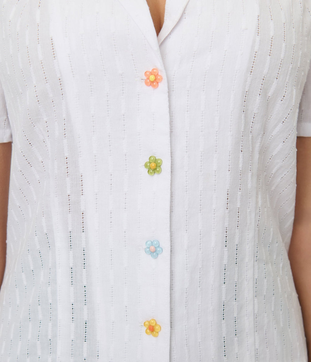 Unique Vintage White & Flower Buttons Cotton Blouse - Unique Vintage - Womens, TOPS, WOVEN TOPS