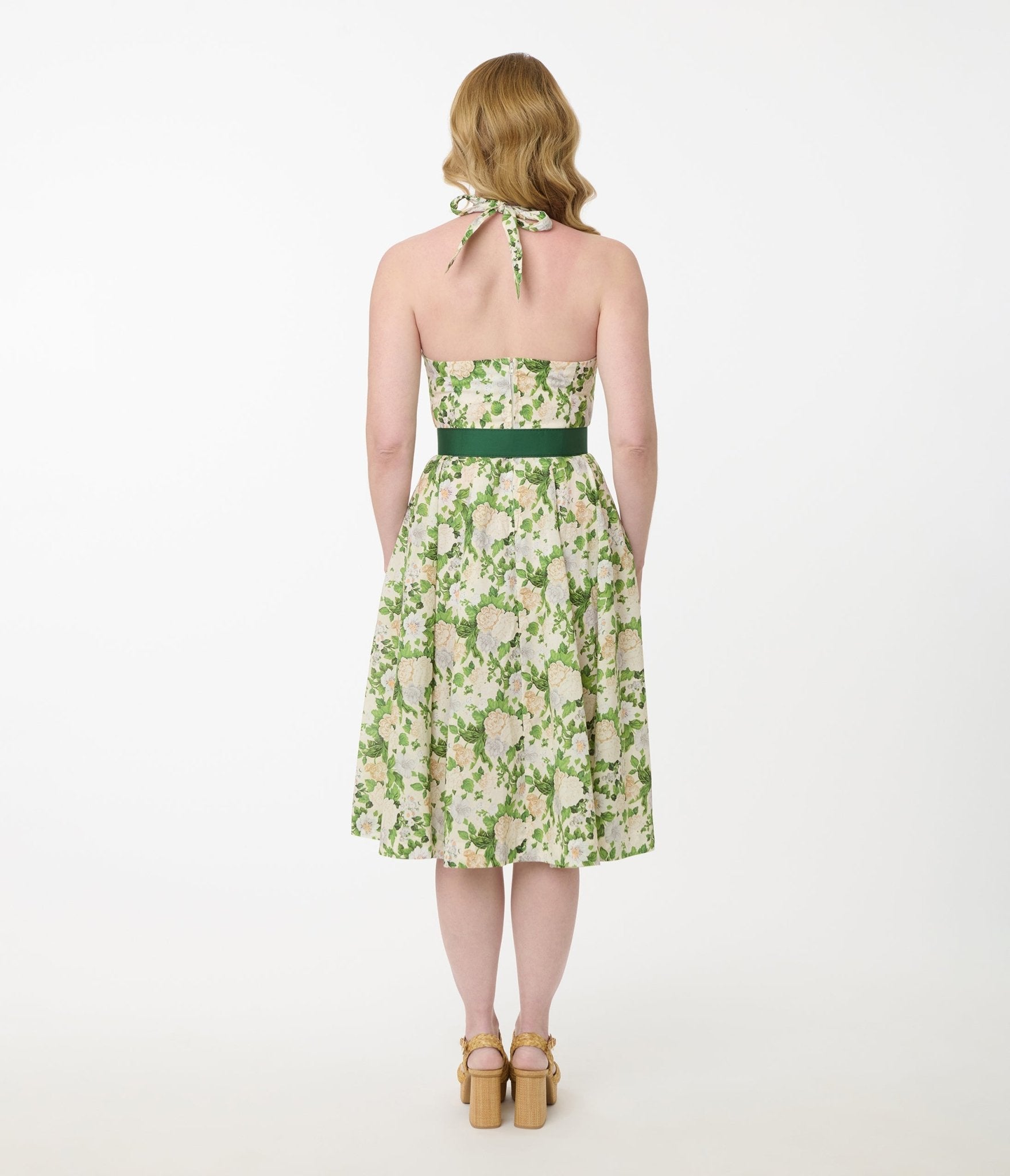 Unique Vintage White & Green Floral Tarrytown Hostess Dress - Unique Vintage - Womens, DRESSES, SWING