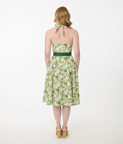 Unique Vintage White & Green Floral Tarrytown Hostess Dress - Unique Vintage - Womens, DRESSES, SWING