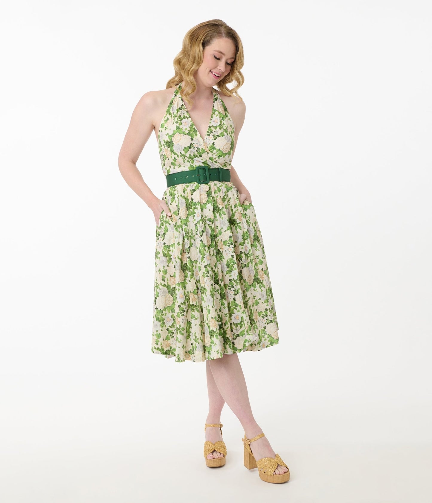 Unique Vintage White & Green Floral Tarrytown Hostess Dress - Unique Vintage - Womens, DRESSES, SWING