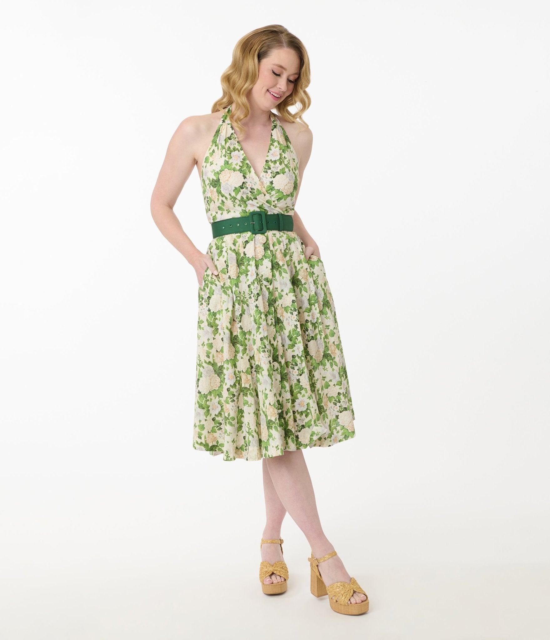 Unique Vintage White & Green Floral Tarrytown Hostess Dress - Unique Vintage - Womens, DRESSES, SWING