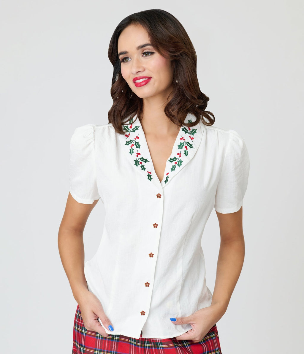 Unique Vintage White & Holly Embroidered Collar Blouse - Unique Vintage - Womens, TOPS, WOVEN TOPS