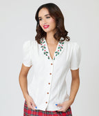 Unique Vintage White & Holly Embroidered Collar Blouse - Unique Vintage - Womens, TOPS, WOVEN TOPS