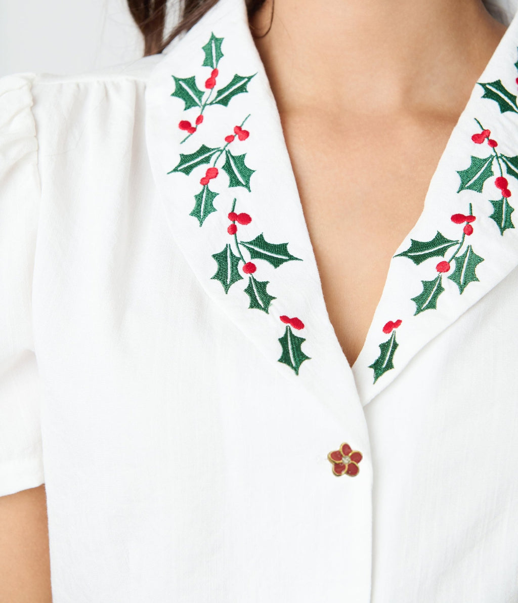Unique Vintage White & Holly Embroidered Collar Blouse - Unique Vintage - Womens, TOPS, WOVEN TOPS