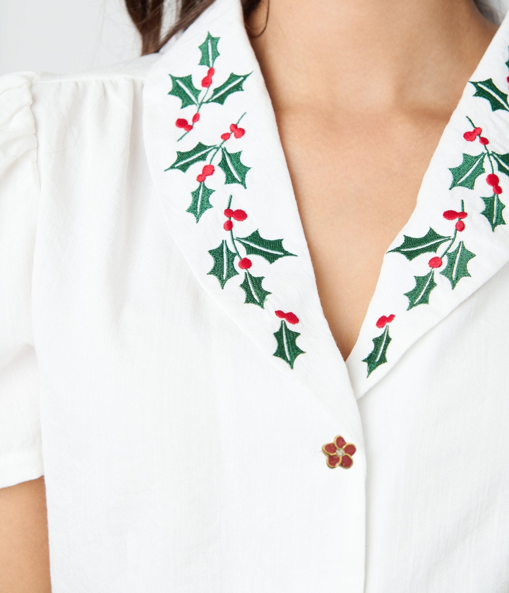Unique Vintage White & Holly Embroidered Collar Blouse - Unique Vintage - Womens, TOPS, WOVEN TOPS