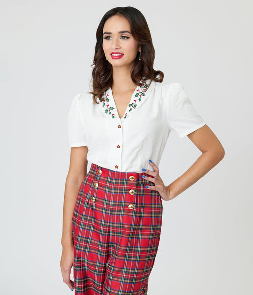 Unique Vintage White & Holly Embroidered Collar Blouse