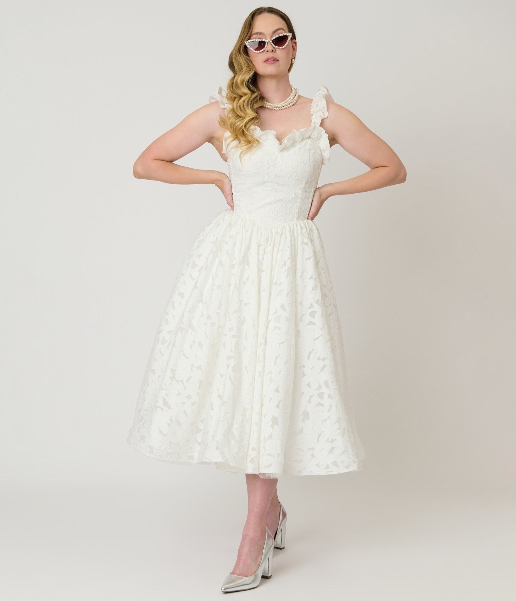 Unique Vintage White Jacquard Floral Tea Length Dress - Unique Vintage - Womens, DRESSES, PROM AND SPECIAL OCCASION