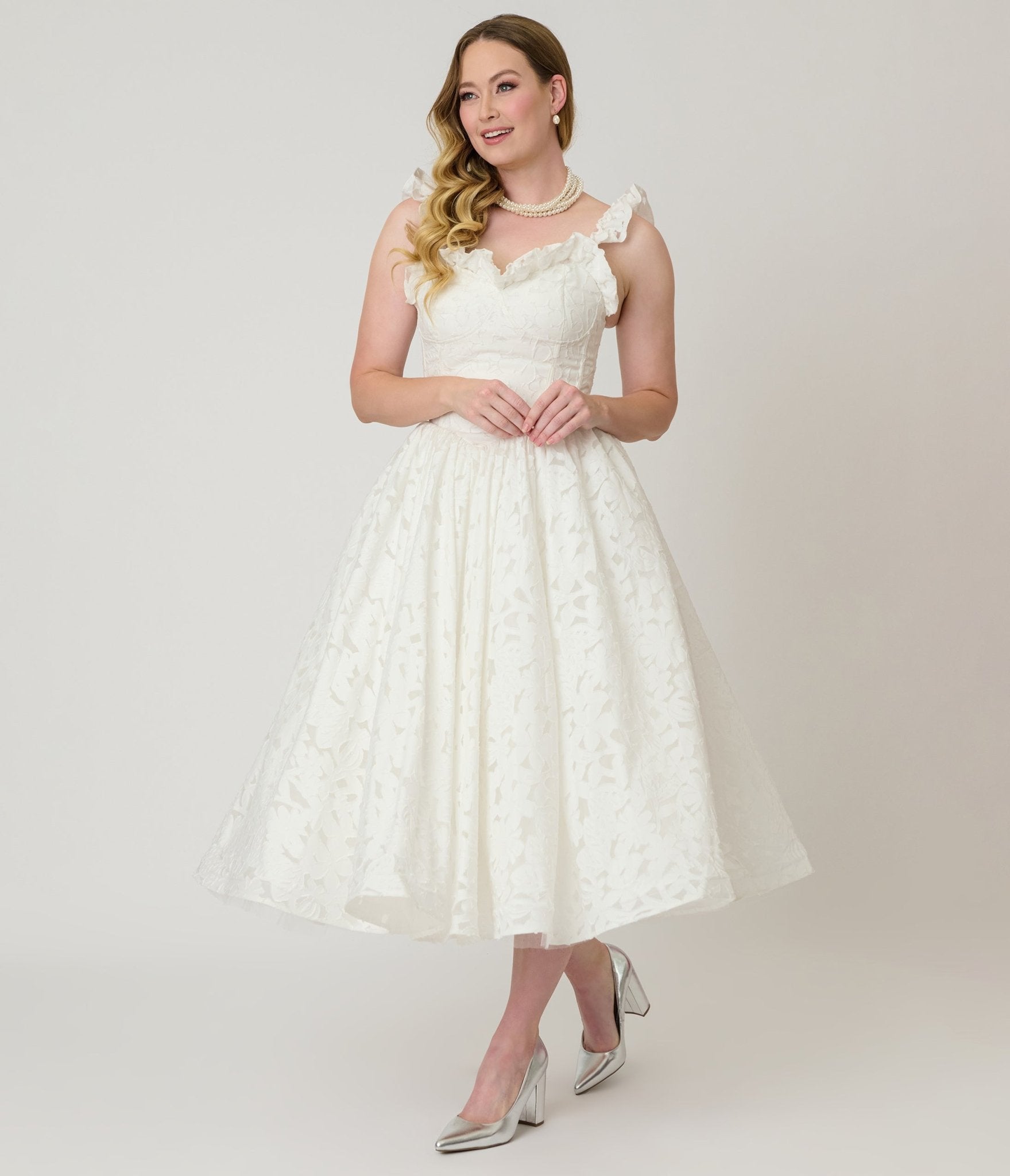 Unique Vintage White Jacquard Floral Tea Length Dress - Unique Vintage - Womens, DRESSES, PROM AND SPECIAL OCCASION