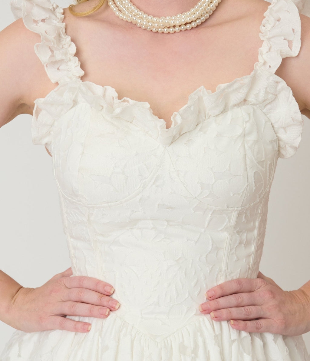 Unique Vintage White Jacquard Floral Tea Length Dress - Unique Vintage - Womens, DRESSES, PROM AND SPECIAL OCCASION