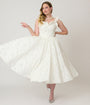 Unique Vintage White Jacquard Floral Tea Length Dress