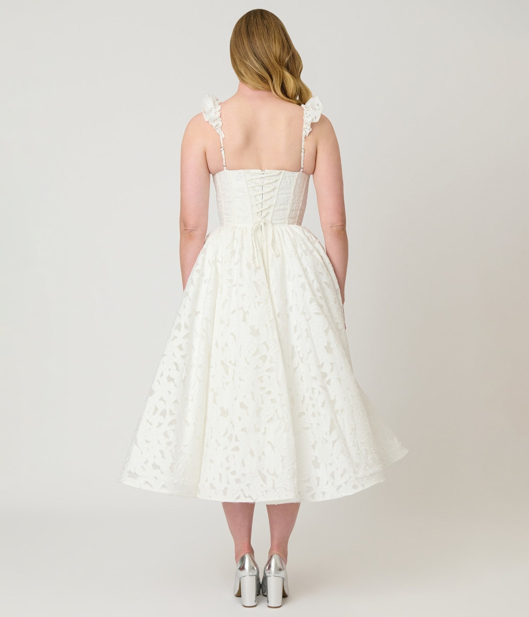 Unique Vintage White Jacquard Floral Tea Length Dress - Unique Vintage - Womens, DRESSES, PROM AND SPECIAL OCCASION