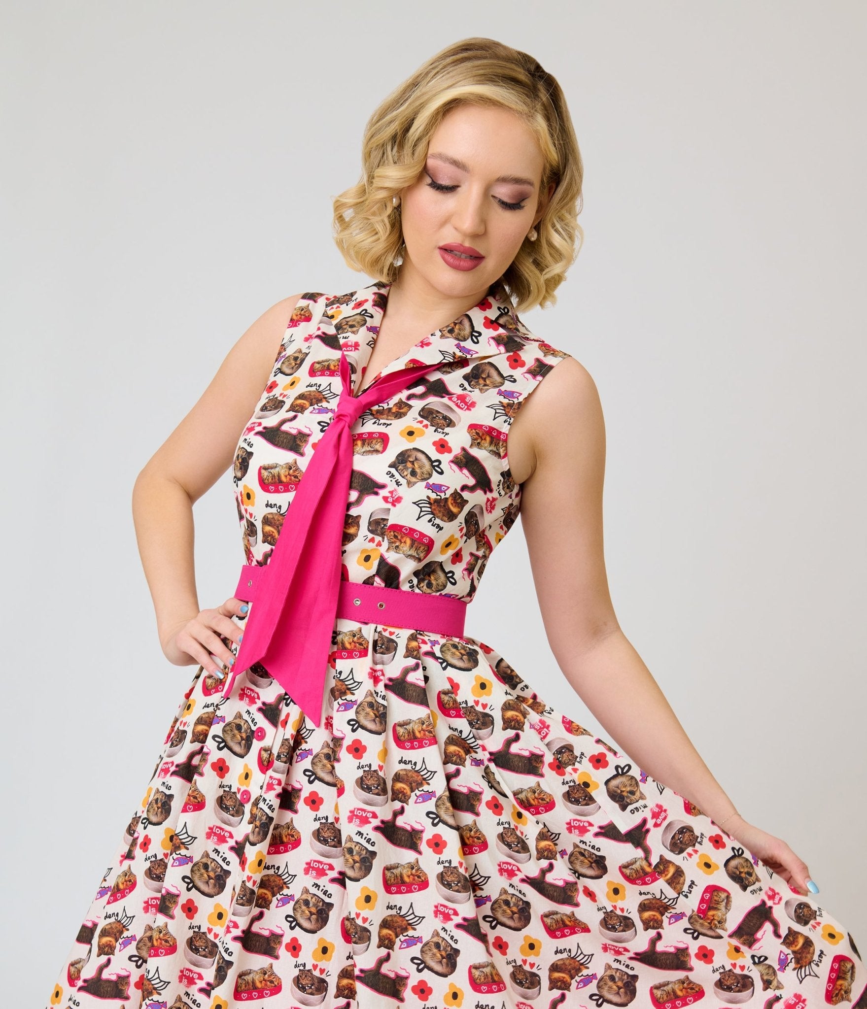 Unique Vintage White Kitschy Cat Print Edith Swing Dress - Unique Vintage - Womens, DRESSES, SWING