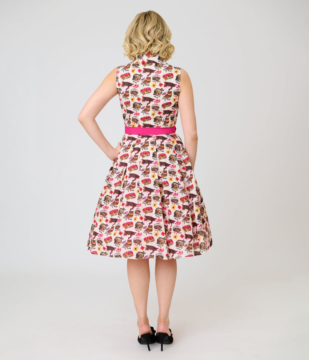 Unique Vintage White Kitschy Cat Print Edith Swing Dress - Unique Vintage - Womens, DRESSES, SWING