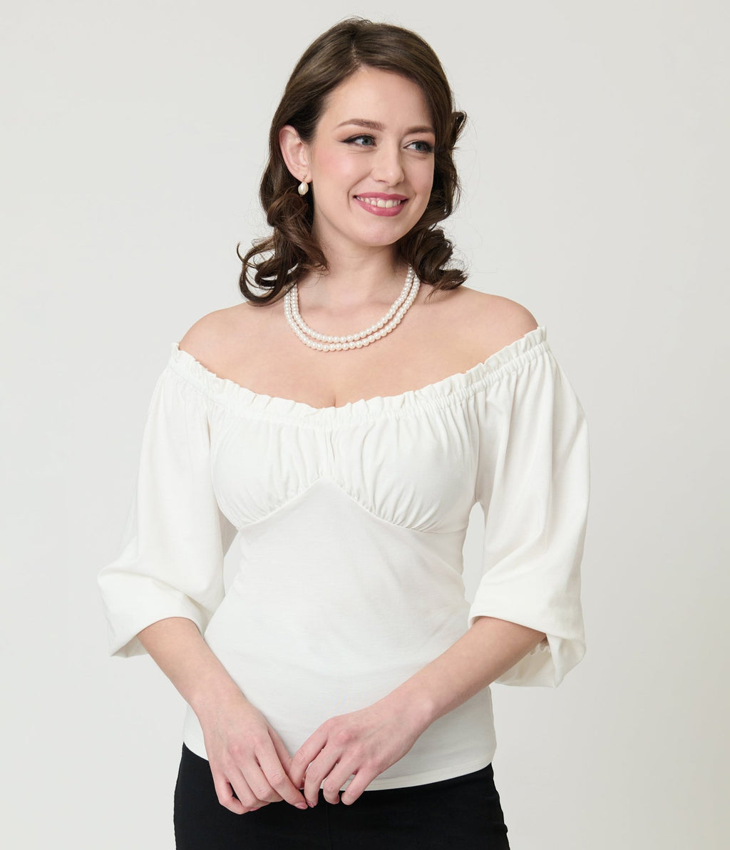 Unique Vintage White Peasant Sleeve Blouse - Unique Vintage - Womens, TOPS, KNIT TOPS