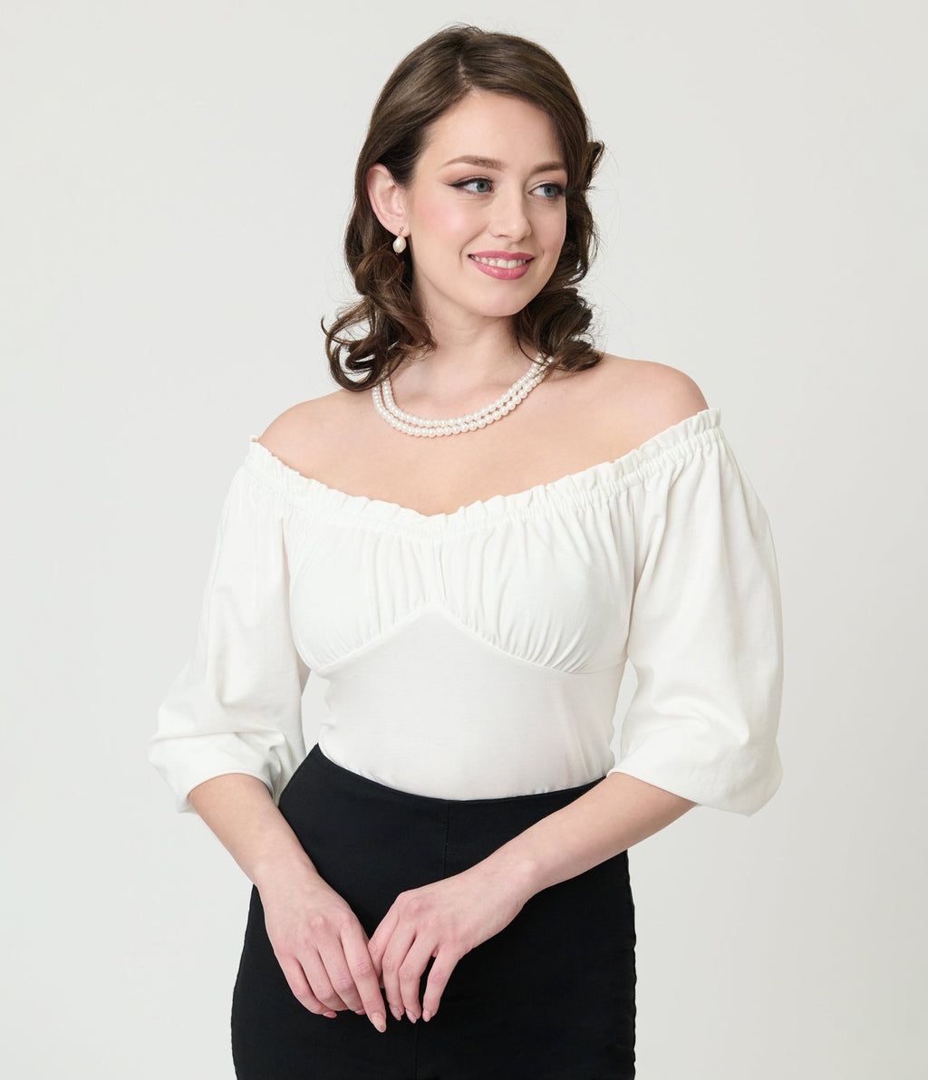 Unique Vintage White Peasant Sleeve Blouse - Unique Vintage - Womens, TOPS, KNIT TOPS