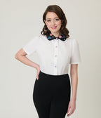 Unique Vintage White Planet Embroidered Collared Blouse - Unique Vintage - Womens, TOPS, WOVEN TOPS