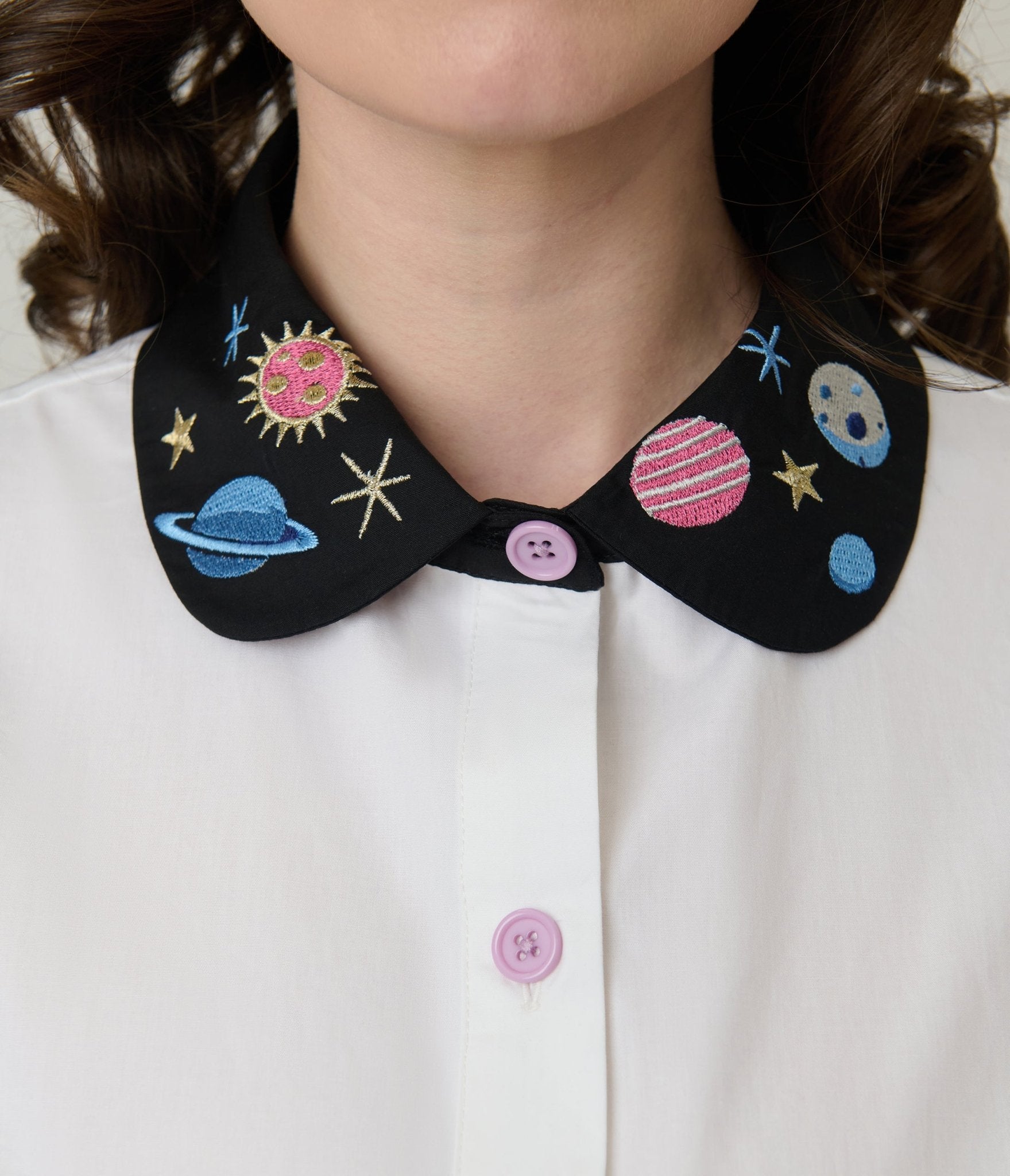 Unique Vintage White Planet Embroidered Collared Blouse - Unique Vintage - Womens, TOPS, WOVEN TOPS