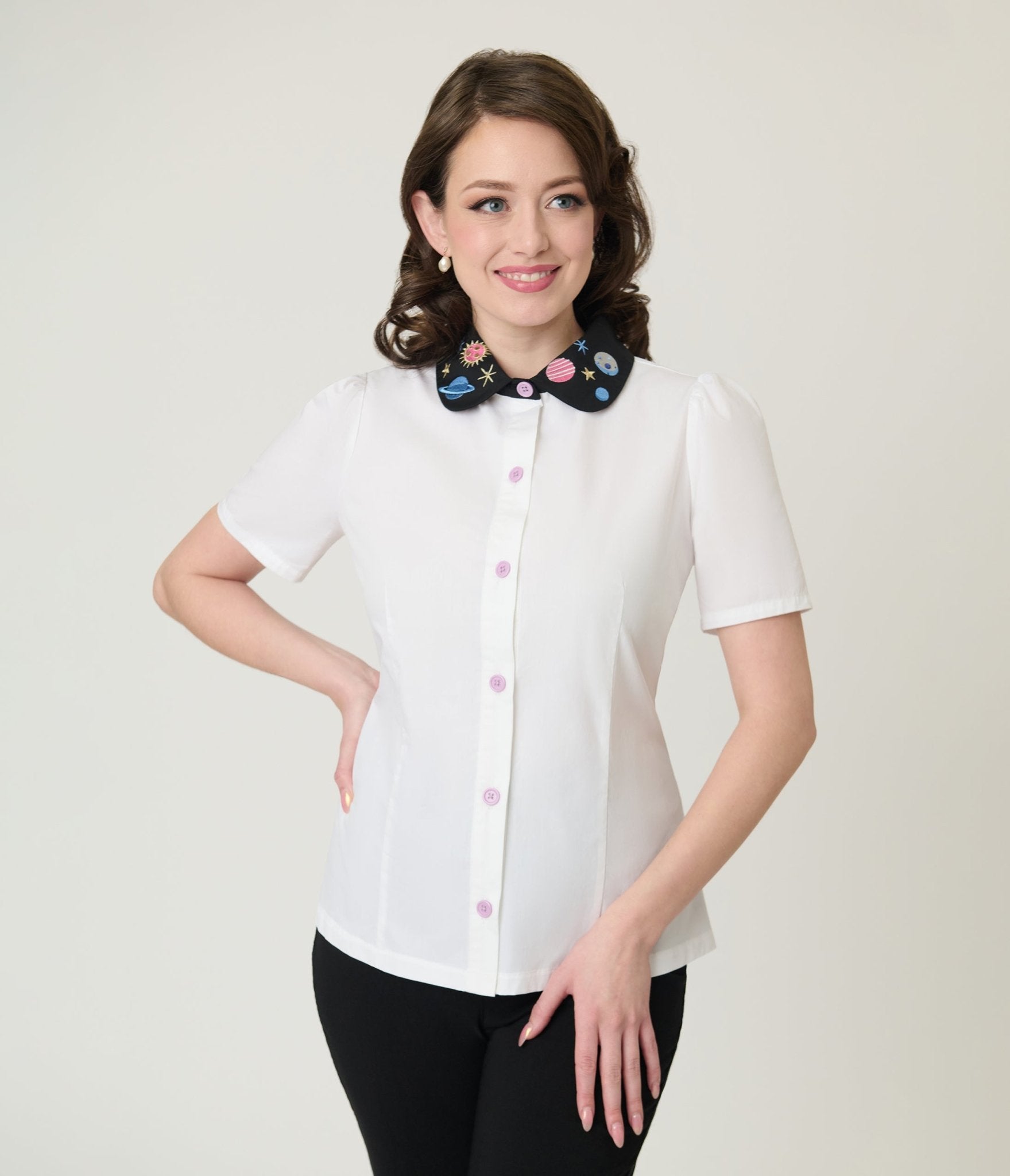 Unique Vintage White Planet Embroidered Collared Blouse - Unique Vintage - Womens, TOPS, WOVEN TOPS