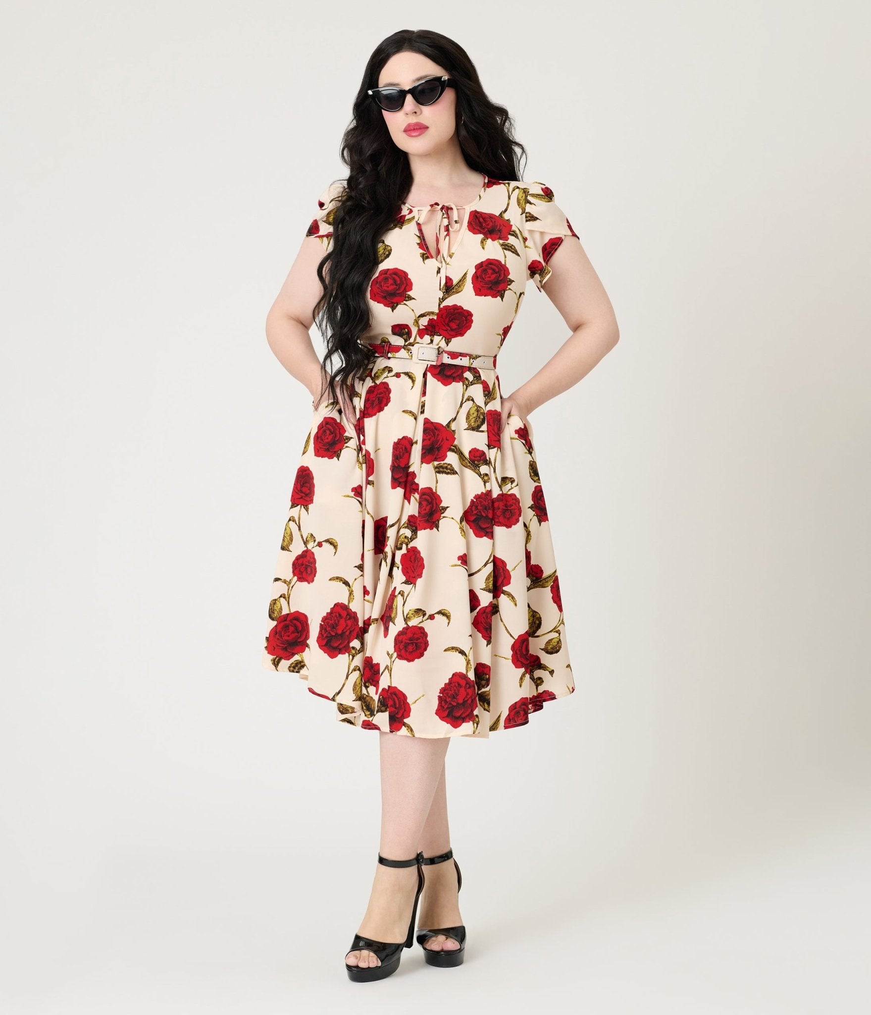 Unique Vintage White & Red Rose Dahlia Swing Dress - Unique Vintage - Womens, DRESSES, SWING