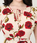 Unique Vintage White & Red Rose Dahlia Swing Dress - Unique Vintage - Womens, DRESSES, SWING