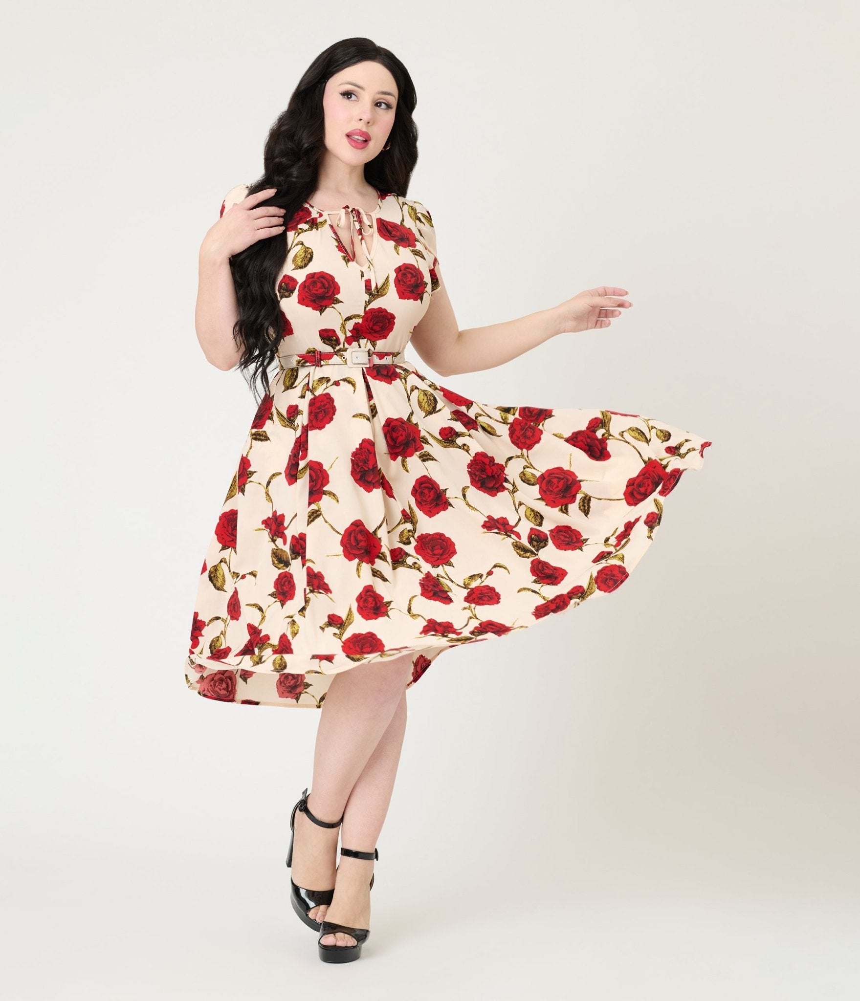 Unique Vintage White & Red Rose Dahlia Swing Dress - Unique Vintage - Womens, DRESSES, SWING