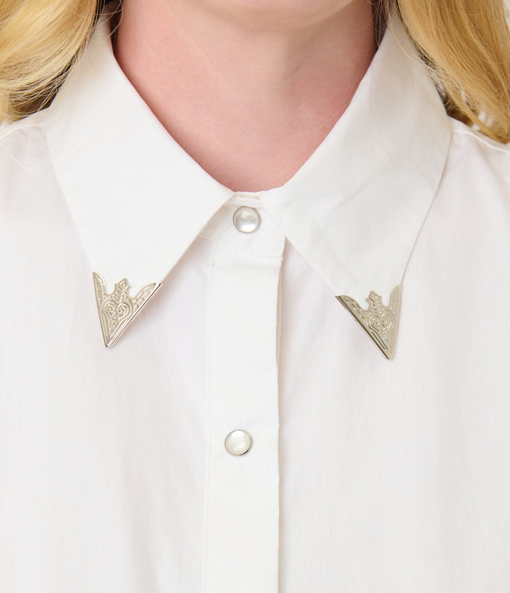 Unique Vintage White & Silver Collar Tipped Blouse - Unique Vintage - Womens, TOPS, WOVEN TOPS