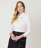 Unique Vintage White & Silver Collar Tipped Blouse - Unique Vintage - Womens, TOPS, WOVEN TOPS