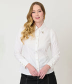 Unique Vintage White & Silver Collar Tipped Blouse - Unique Vintage - Womens, TOPS, WOVEN TOPS