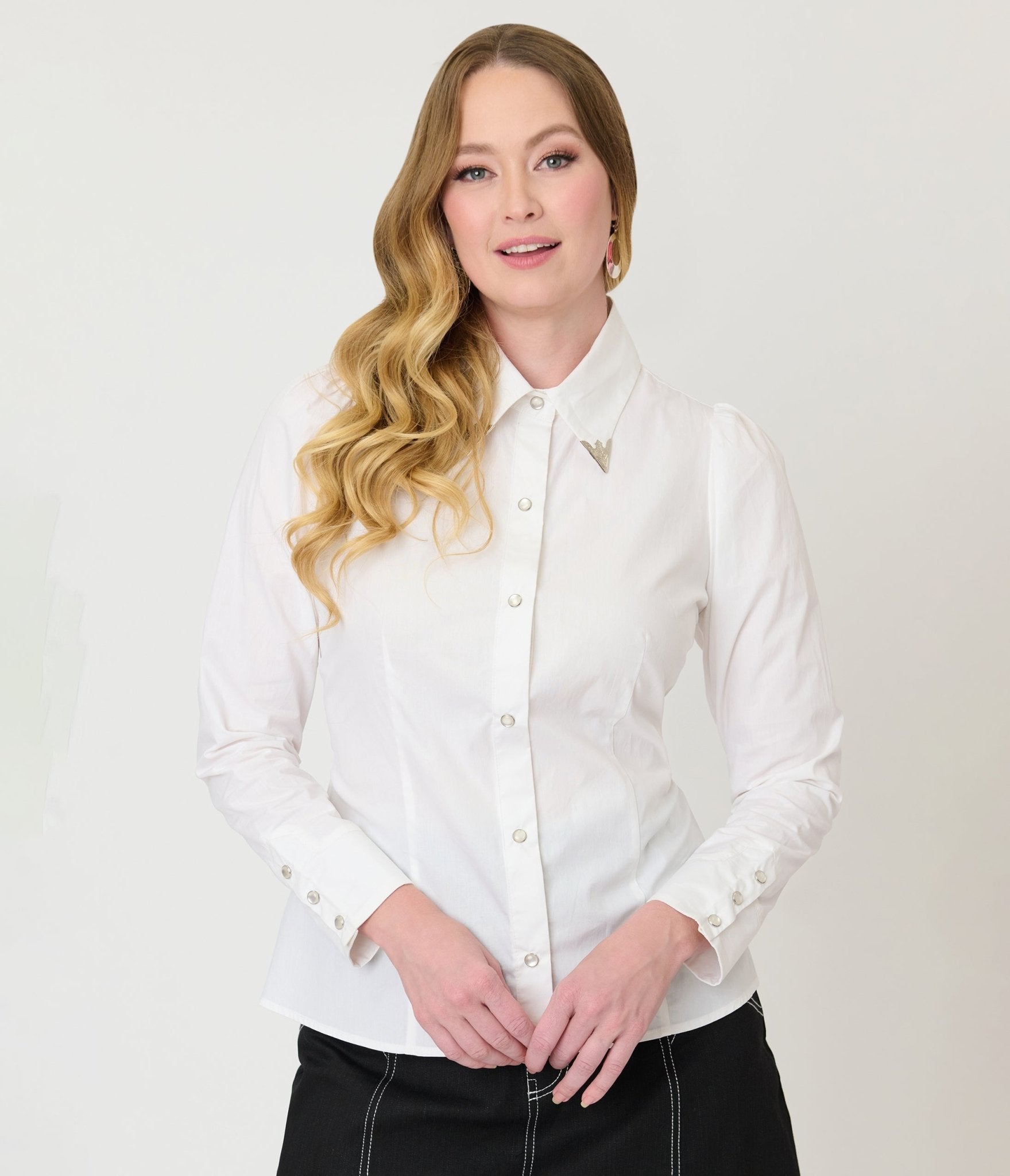 Unique Vintage White & Silver Collar Tipped Blouse - Unique Vintage - Womens, TOPS, WOVEN TOPS