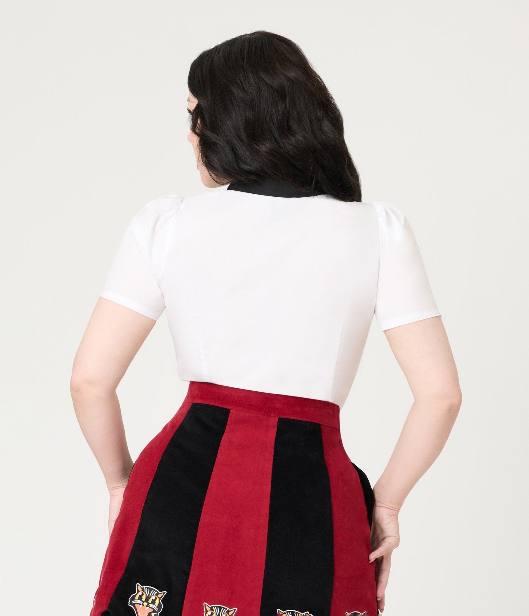 Unique Vintage White Spooky Cat Pocket Collared Blouse - Unique Vintage - Womens, TOPS, WOVEN TOPS