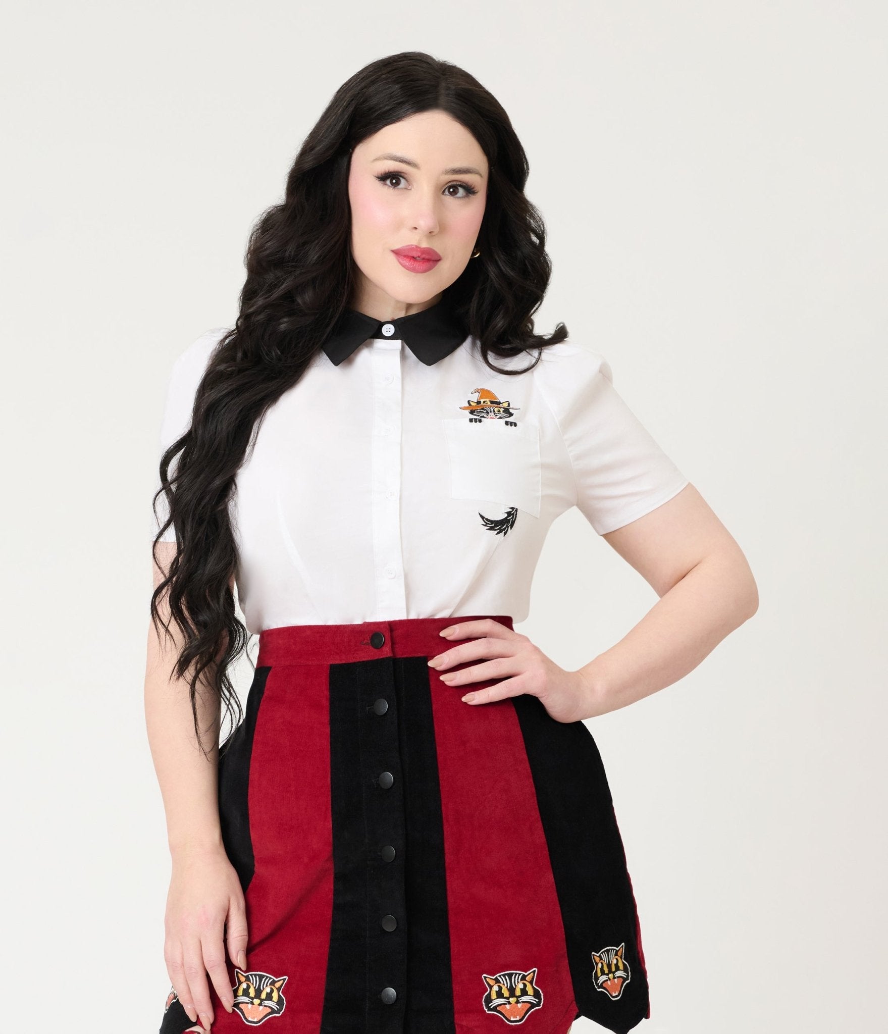 Unique Vintage White Spooky Cat Pocket Collared Blouse - Unique Vintage - Womens, TOPS, WOVEN TOPS