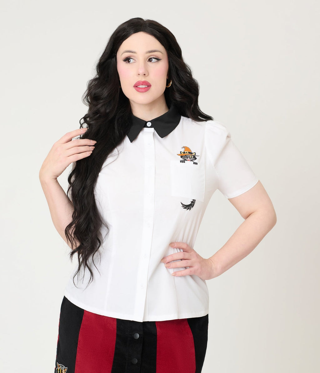 Unique Vintage White Spooky Cat Pocket Collared Blouse - Unique Vintage - Womens, TOPS, WOVEN TOPS