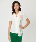 Unique Vintage White Swiss Dot & Tulip Notched Collar Blouse - Unique Vintage - Womens, TOPS, WOVEN TOPS