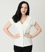 Unique Vintage White Twill Sleeveless Blouse - Unique Vintage - Womens, TOPS, WOVEN TOPS