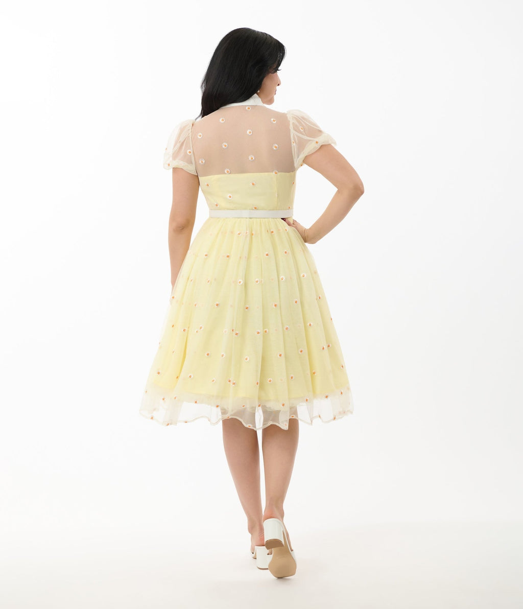 Unique Vintage Yellow Daisy Print Hollie Swing Dress - Unique Vintage - Womens, DRESSES, SWING