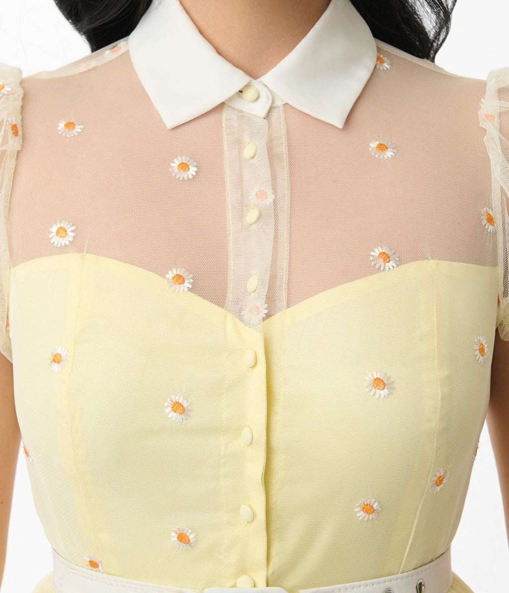 Unique Vintage Yellow Daisy Print Hollie Swing Dress - Unique Vintage - Womens, DRESSES, SWING