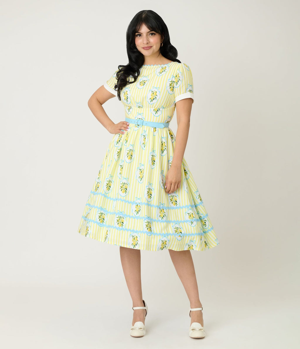 Unique Vintage Yellow Lemon Striped Swing Dress - Unique Vintage - Womens, DRESSES, SWING